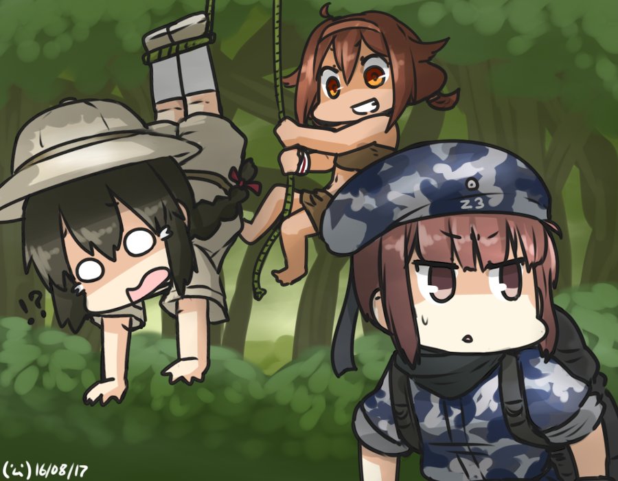 !? 3girls auburn_hair backpack bag beret black_hair braid brown_eyes brown_hair camouflage commentary crying crying_with_eyes_open dated forest hamu_koutarou hat isonami_(kantai_collection) kantai_collection long_hair military military_uniform multiple_girls nature o_o rope sarong scarf shaded_face shiratsuyu_(kantai_collection) short_hair solid_circle_eyes sweat tears uniform z3_max_schultz_(kantai_collection)