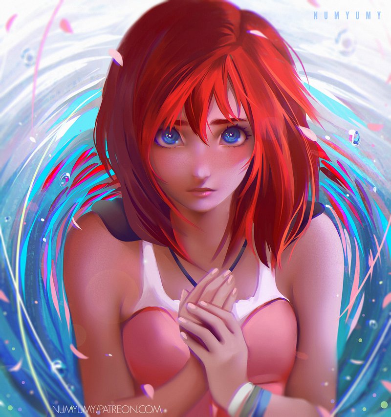 1girl artist_name bare_shoulders blue_eyes blurry blush closed_mouth depth_of_field dress expressionless hair_between_eyes kairi_(kingdom_hearts) kingdom_hearts long_hair looking_at_viewer numyumy own_hands_together petals pink_dress redhead sleeveless sleeveless_dress solo upper_body w_arms water watermark web_address wristband
