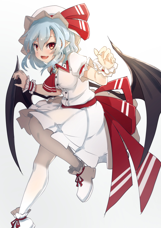 1girl bat_wings blue_hair breasts dress eyebrows eyebrows_visible_through_hair fang full_body hands_up hat leg_up looking_at_viewer medium_breasts mob_cap opanchu_(pixiv259683) open_mouth pointy_ears red_eyes remilia_scarlet shiny shiny_hair shoe_ribbon shoes short_dress short_sleeves smile solo touhou white white_dress white_legwear white_shoes wings wrist_cuffs
