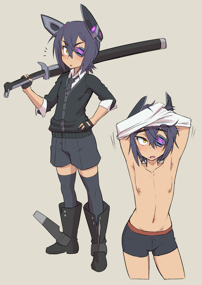 /\/\/\ 1boy armpits arms_up boots checkered checkered_necktie commentary eyepatch genderswap genderswap_(ftm) gloves hand_on_hip headgear kantai_collection looking_at_viewer mikoyan navel necktie nipples open_mouth over_shoulder partly_fingerless_gloves purple_hair scabbard sheath short_hair shorts solo sword sword_over_shoulder tenryuu_(kantai_collection) thigh-highs undressing weapon weapon_over_shoulder yellow_eyes younger