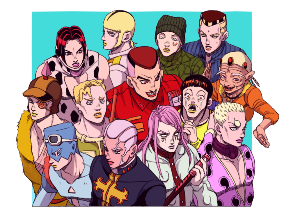 black_hair blank_eyes blonde_hair braid brown_hair cow_print crying d&amp;g donatello_versace enrico_pucci evil_grin evil_smile eyepatch facial_mark frown goggles goggles_on_head green_lipstick grin guccio hage_tashuumi hands_clasped hat hitodama jojo_no_kimyou_na_bouken jongalli_a kenzo lang_wrangler lipstick long_hair makeup mask multicolored_hair old_man open_mouth pink_hair pink_lipstick red_lipstick redhead rikiel romeo_jisso smile sports_max streaming_tears sweat tears turtleneck two-tone_hair ungaro uniform viviano_westwood white_hair xander_mcqueen yellow_lipstick