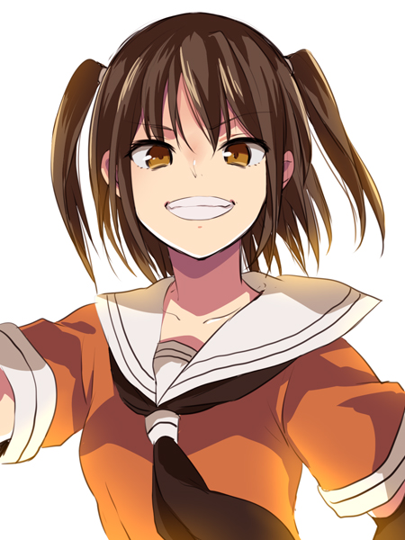 1girl bangs brown_eyes brown_hair collarbone eyebrows eyebrows_visible_through_hair grin ica kantai_collection looking_at_viewer neckerchief school_uniform sendai_(kantai_collection) serafuku short_sleeves simple_background smile solo teeth two_side_up upper_body white_background
