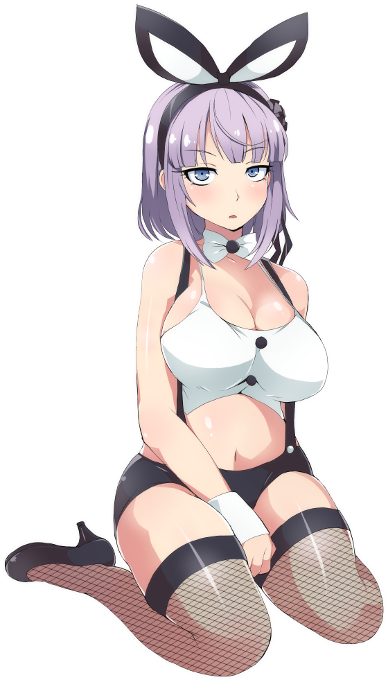 1girl animal_ears blue_eyes blush bow bowtie breasts bunny_girl buttons cleavage dagashi_kashi fishnet_legwear fishnets flower hair_flower hair_ornament hairband large_breasts lillithlauda looking_at_viewer navel open_mouth purple_hair rabbit_ears shidare_hotaru short_hair simple_background sitting solo suspenders thigh-highs wariza wrist_cuffs
