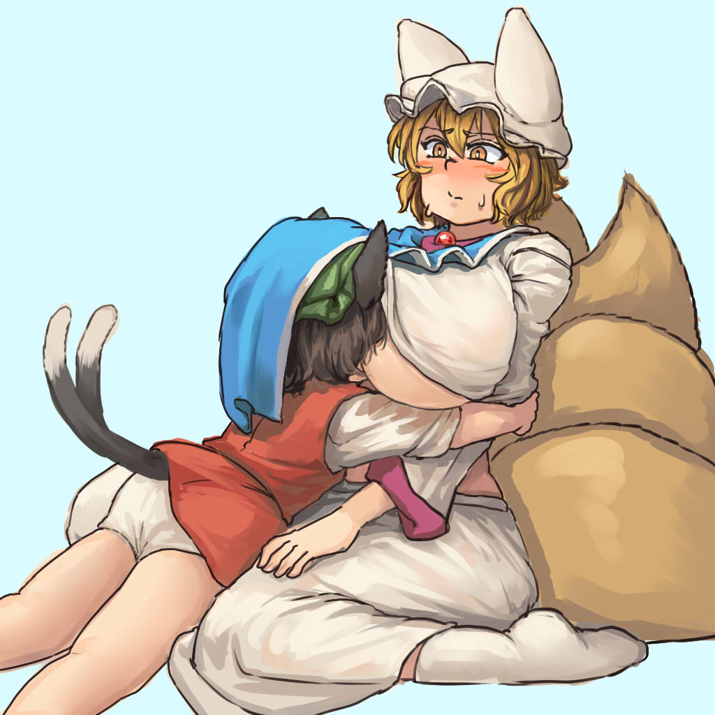 2girls animal_ears belly between_breasts blonde_hair blush breast_smother breasts brown_eyes brown_hair cat_ears cat_tail chanta_(ayatakaoisii) chen fox_tail green_hat hat head_between_breasts hug huge_breasts kneepits long_skirt long_sleeves multiple_girls multiple_tails panties pillow_hat plump red_skirt red_vest shirt short_hair simple_background sitting size_difference skirt skirt_set slit_pupils sockes socks sweatdrop tabard tail teal_background thick_thighs thighs touhou two_tails underwear white_legwear white_panties white_shirt white_skirt yakumo_ran
