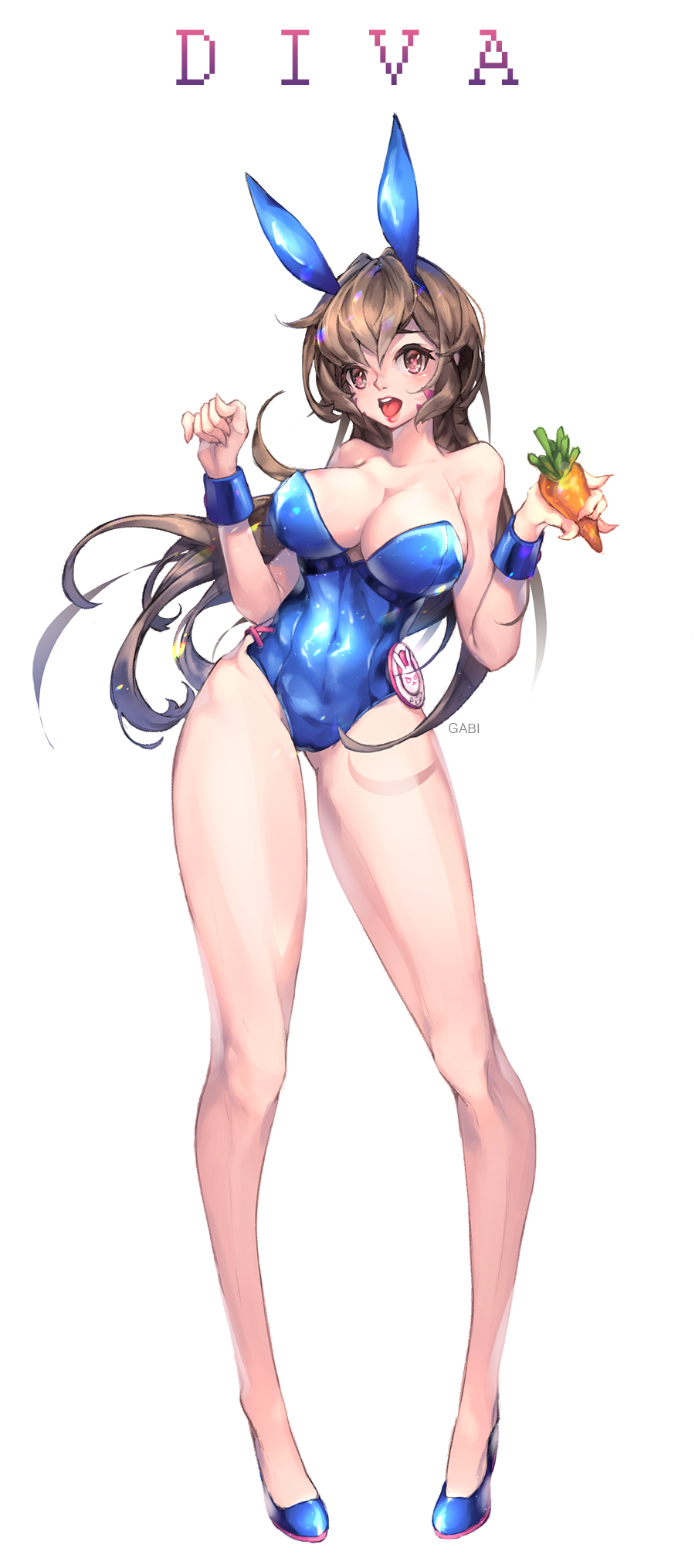 1girl animal_ears artist_name bangs bare_shoulders blue_leotard breasts brown_eyes brown_hair bunny_girl bunnysuit carrot character_name cherry choker cleavage clenched_hand collarbone contrapposto covered_navel cup d.va_(overwatch) detached_collar drinking_glass drinking_straw facepaint facial_mark fake_animal_ears fingernails food fruit full_body gabi gluteal_fold hand_up heart heart-shaped_pupils highleg highleg_leotard highres large_breasts legs leotard lips lipstick long_hair makeup open_mouth overwatch pigeon-toed rabbit_ears red_lipstick simple_background solo standing strapless strapless_leotard symbol-shaped_pupils teeth tongue vegetable whisker_markings white_background wrist_cuffs