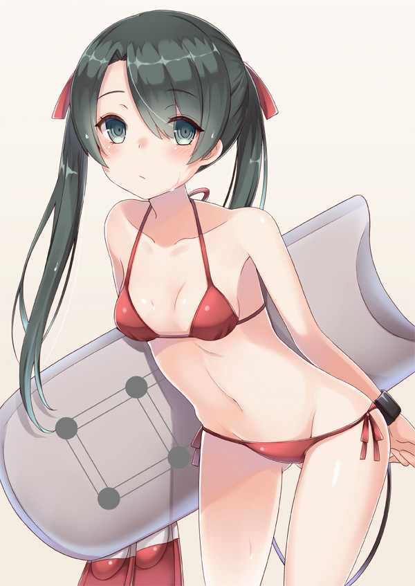 1girl bare_arms bare_shoulders behind_back beige_background bikini blush braid breasts closed_mouth collarbone gluteal_fold green_eyes green_hair hair_ribbon holding kantai_collection leaning_forward long_hair looking_at_viewer matching_hair/eyes mikuma_(kantai_collection) navel red_bikini red_ribbon ribbon simple_background small_breasts solo stomach surfboard sweatdrop swimsuit twin_braids wristband yuzu-aki