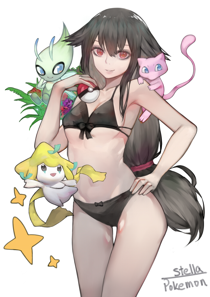 1girl akasen black_hair black_swimsuit breasts celebi character_request cleavage copyright_name cowboy_shot hair_flaps hand_on_hip jirachi long_hair looking_at_viewer mew poke_ball pokemon red_eyes smile swimsuit white_background