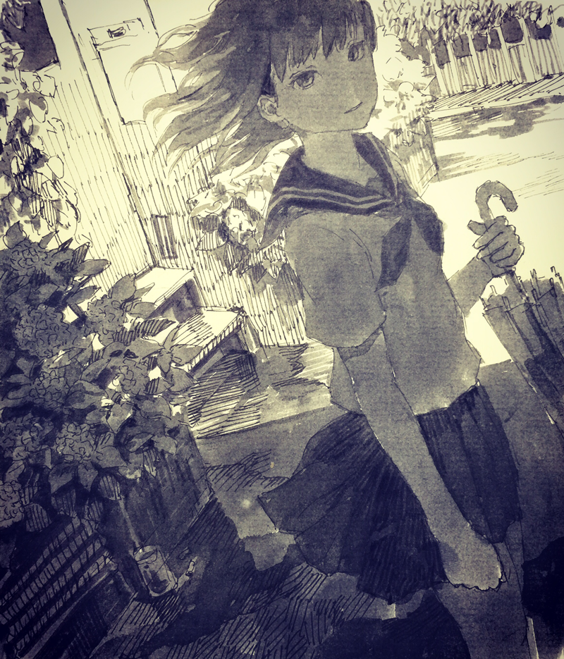 1girl calligraphy_brush_(medium) can clenched_hand dutch_angle holding house looking_at_viewer looking_to_the_side millipen_(medium) monochrome original plant pleated_skirt school_uniform serafuku short_hair sketch skirt smile solo texture tokunaga_akimasa traditional_media umbrella wind