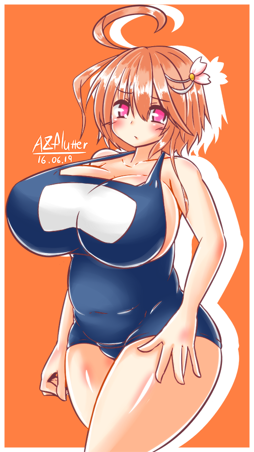 1girl ahoge alternate_breast_size ayazumi_flutter blue_swimsuit blush breasts cleavage collarbone female huge_breasts i-58_(kantai_collection) kantai_collection looking_at_viewer one-piece_swimsuit orange_hair pink_eyes plump school_swimsuit short_hair sideboob simple_background solo standing swimsuit