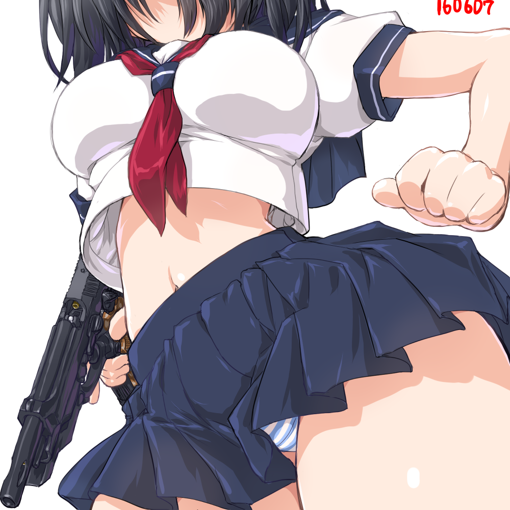 1girl 2016 beretta_93r black_hair black_skirt breasts curvy dated dd_(ijigendd) from_below gun hair_over_eyes handgun holding holding_gun holding_weapon midriff navel neckerchief original panties pantyshot pantyshot_(standing) pleated_skirt puffy_short_sleeves puffy_sleeves shirt short_hair short_sleeves simple_background skirt solo standing stomach trigger_discipline underwear upskirt weapon white_background white_shirt wide_hips