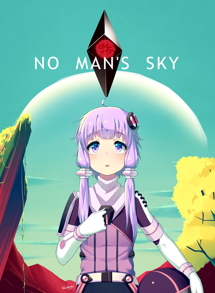 1girl ahoge aqua_sky artist_name blueberry_(5959) clouds copyright_name crossover gloves hair_ornament headwear_removed helmet helmet_removed low_twintails moon no_man's_sky plant purple_hair rock science_fiction sky solo spacesuit tree twintails violet_eyes vocaloid voiceroid white_gloves yuzuki_yukari