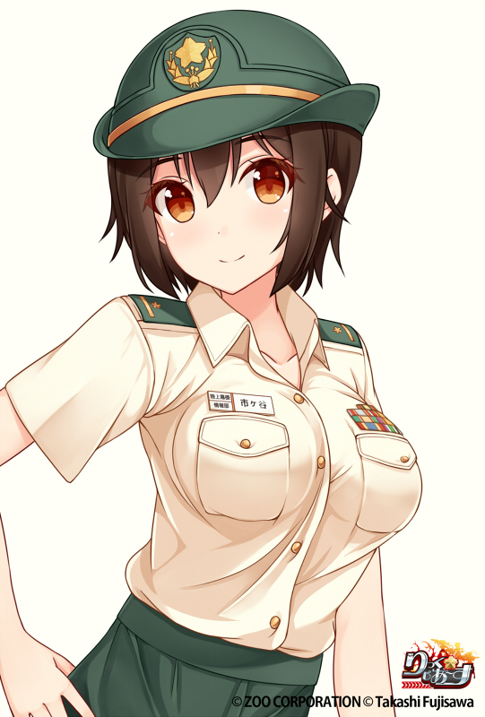 1girl breasts brown_eyes brown_hair collarbone green_hat green_skirt hand_on_hip hat large_breasts long_hair looking_at_viewer original short_hair shuuichi skirt smile solo upper_body