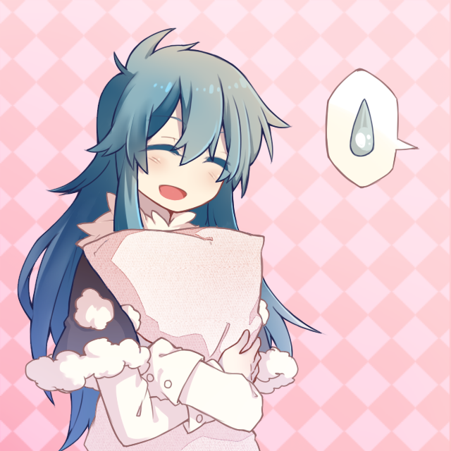 1girl alternate_hair_length alternate_hairstyle blouse blue_hair capelet checkered checkered_background closed_eyes colored_eyelashes doremy_sweet ko_kita long_hair open_mouth pillow pillow_hug pom_pom_(clothes) sidelocks spoken_sweatdrop sweatdrop touhou upper_body white_blouse