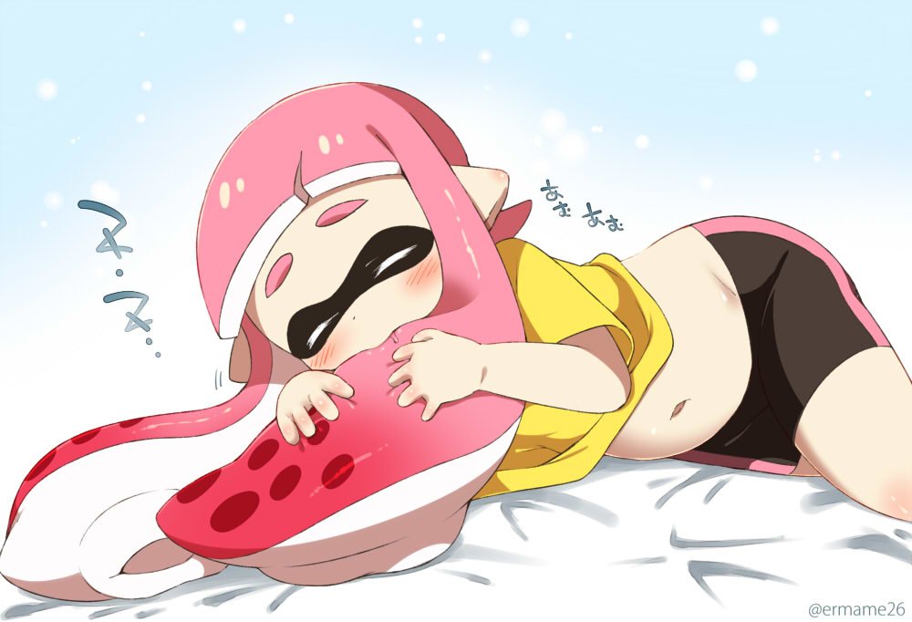 1girl bike_shorts blush closed_eyes domino_mask eromame hair_in_mouth inkling mask navel pink_hair pointy_ears saliva simple_background sleeping solo splatoon tentacle tentacle_hair zzz
