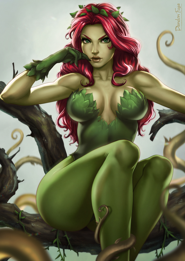 1girl batman_(series) branch breasts cleavage curly_hair dandon_fuga dc_comics gloves green_eyes green_gloves green_skin leaf looking_at_viewer pantyhose plant poison_ivy redhead sitting solo vines