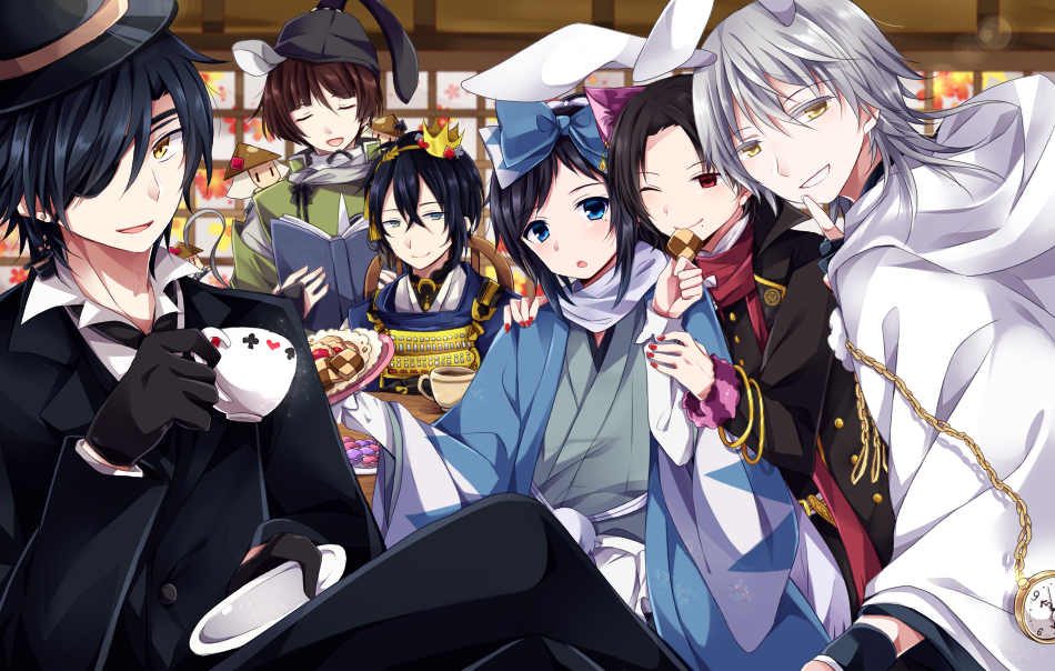 6+boys alice_(wonderland) alice_(wonderland)_(cosplay) alice_in_wonderland animal_ears black_gloves black_hair blue_eyes blue_hair book bow brown_hair cat_ears checkerboard_cookie cheshire_cat cheshire_cat_(cosplay) closed_eyes cookie crown cup dormouse dormouse_(cosplay) eyepatch finger_to_mouth food gloves hair_bow haori hat hood ishikirimaru japanese_clothes kashuu_kiyomitsu mad_hatter mad_hatter_(cosplay) male_focus mikazuki_munechika mini_crown miniboy mole mole_under_eye mole_under_mouth mouse_ears mouse_tail mouth_hold multiple_boys one_eye_closed open_mouth queen_of_hearts queen_of_hearts_(cosplay) rabbit_ears red_eyes shinsengumi shokudaikiri_mitsutada smile tail teacup top_hat touken_ranbu tousou_(touken_ranbu) tsurumaru_kuninaga uguisu_mochi_(ykss35) white_hair white_rabbit white_rabbit_(cosplay) yamato-no-kami_yasusada yellow_eyes |_|