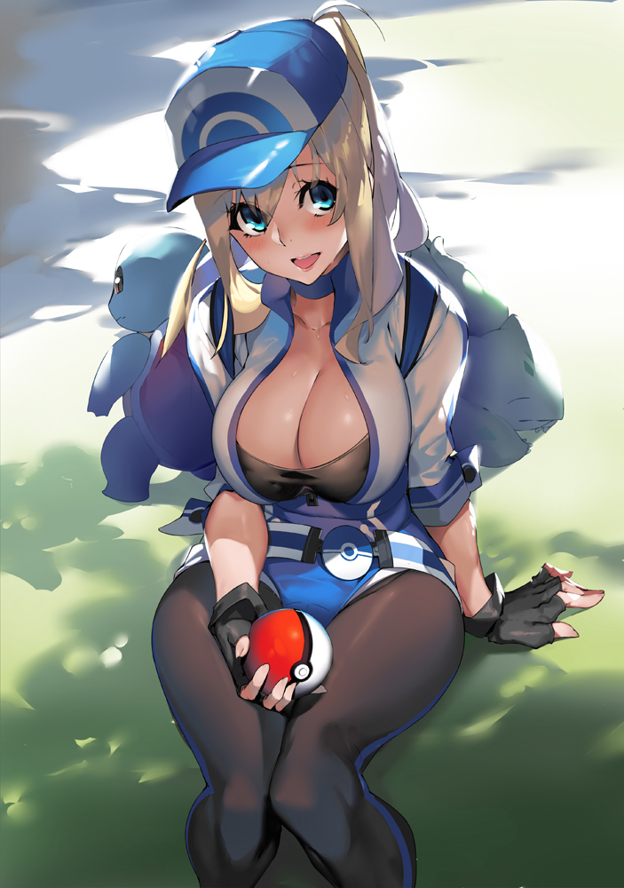 10s 1girl arm_support belt blonde_hair blue_eyes breasts bulbasaur cleavage collarbone female_protagonist_(pokemon_go) fingerless_gloves gloves guratan holding holding_poke_ball large_breasts long_hair open_mouth pantyhose poke_ball pokemon pokemon_(creature) pokemon_go red_eyes sitting smile solo squirtle