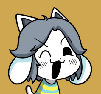 &gt;:3 :3 black_eyes blush brown_background chibi extra_ears grey_hair gyate_gyate lowres monster one_eye_closed open_mouth shirt simple_background solo striped striped_shirt tail temmie undertale upper_body yaruky
