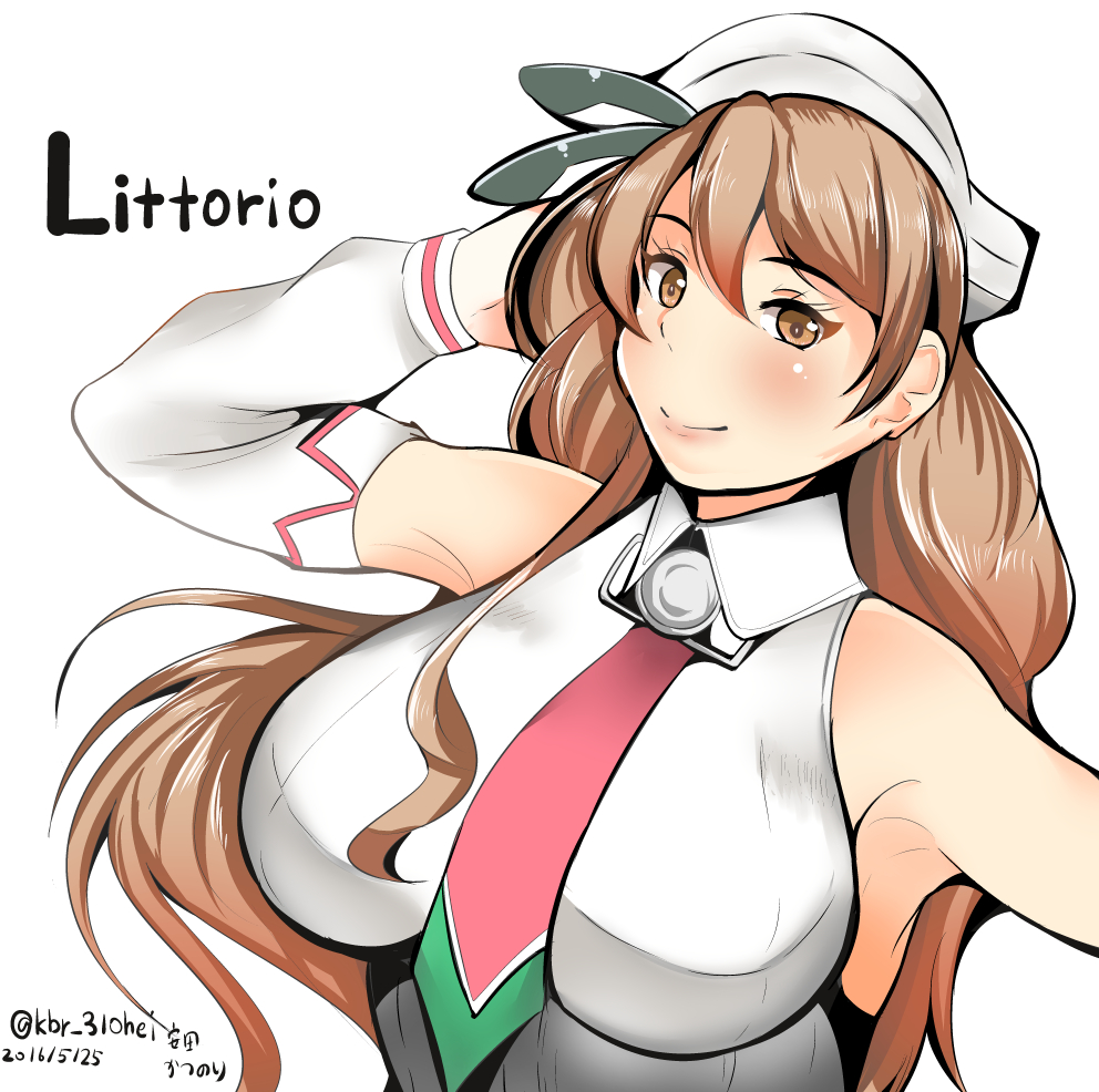 1girl 2016 blush breasts brown_eyes brown_hair character_name dated detached_sleeves hat huge_breasts kantai_collection littorio_(kantai_collection) long_hair looking_at_viewer smile solo twitter_username white_hat yasuda_katsunori
