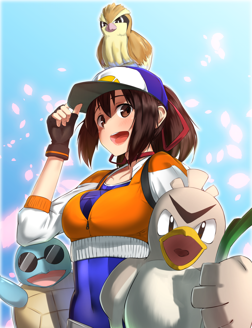 1girl :d baseball_cap beak bird black_eyes blue_sky bodysuit breasts brown_eyes brown_gloves brown_hair choker collarbone cosplay covered_navel creature_on_head cropped_jacket day farfetch'd female_protagonist_(pokemon_go) female_protagonist_(pokemon_go)_(cosplay) fingerless_gloves glasses gloves hair_ribbon hat highres ise_(kantai_collection) jacket kantai_collection long_sleeves medium_breasts open_mouth orange_(sal1014) orange_jacket petals pidgey pokemon pokemon_(anime) pokemon_go red_ribbon ribbon round_teeth skin_tight sky sleeves_past_elbows smile spring_onion squirtle sunglasses teeth upper_body zipper