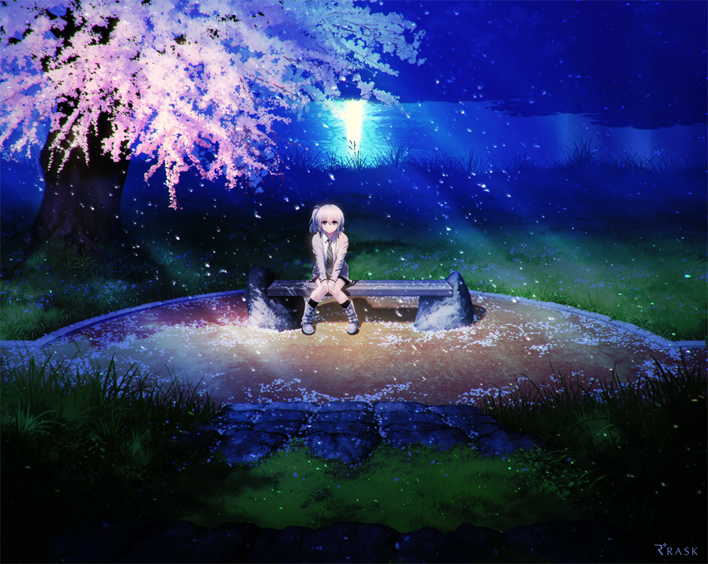 1girl ai_(re:lief) artist_name bench boots cherry_blossoms dark grass jacket knees_together_feet_apart lake light_rays logo looking_at_viewer moonlight necktie night original park petals re:lief_~shin'ai_naru_anata_e~ scenery school_uniform shadow side_ponytail silver_hair sitting solo technoheart tree violet_eyes water watermark