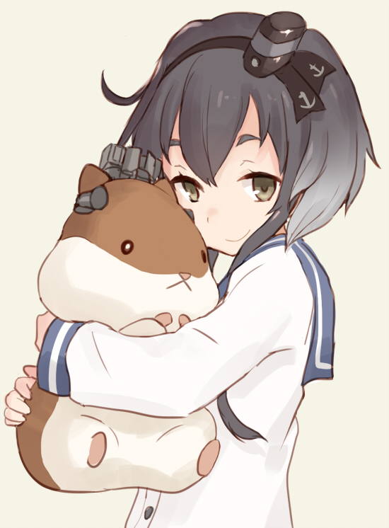 1girl :&lt; anchor_symbol bangs beaver black_hair brown_eyes buttons closed_mouth doll dress eyebrows from_side gradient_hair hamster holding kantai_collection keemu_(occhoko-cho) long_sleeves looking_at_viewer multicolored_hair sailor_dress short_hair_with_long_locks simple_background smile solo stuffed_animal stuffed_toy tokitsukaze_(kantai_collection) two-tone_hair upper_body white_background yukikaze_(hamster) yukikaze_(kantai_collection)