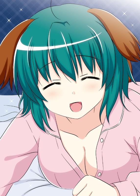 1girl :d ^_^ animal_ears blush breasts cleavage closed_eyes collarbone cpu_(hexivision) dog_ears green_hair kasodani_kyouko large_breasts long_sleeves looking_at_viewer lying on_bed on_stomach open_mouth pink_shirt shirt short_hair smile solo touhou unbuttoned