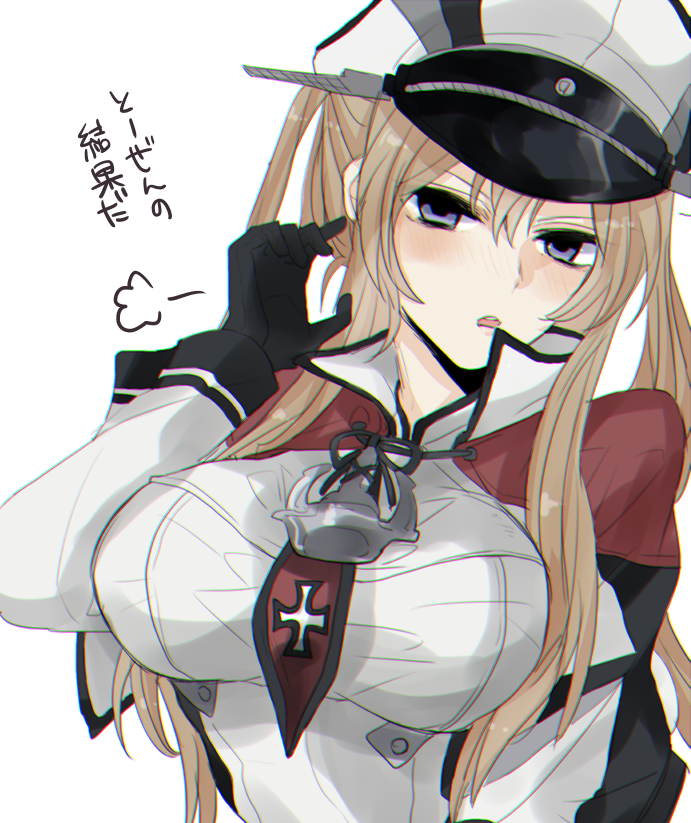 1girl :o =3 bangs black_gloves blonde_hair blue_eyes blush breasts capelet chromatic_aberration chromatic_aberration_abuse gloves graf_zeppelin_(kantai_collection) hair_between_eyes hat kantai_collection large_breasts long_hair long_sleeves military military_uniform open_mouth peaked_cap simple_background solo sunko text translation_request twintails uniform upper_body white_background