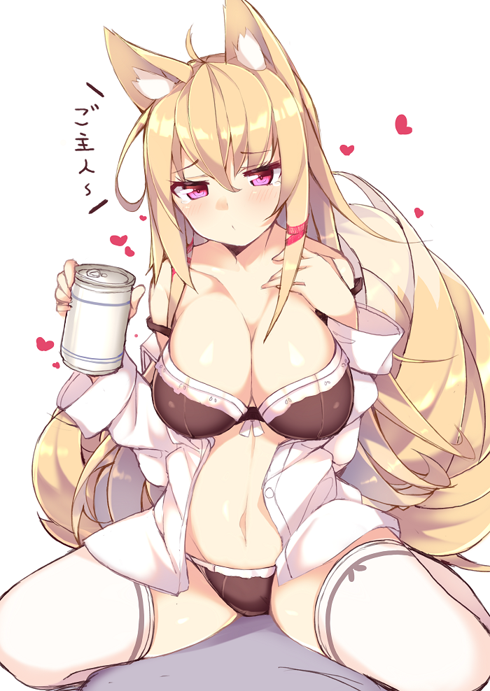 1girl ahoge animal_ears bare_shoulders black_bra black_panties blonde_hair blush bra breasts buttons cleavage collarbone eyebrows eyebrows_visible_through_hair fox_ears fox_tail hair_between_eyes hand_on_own_chest haruyuki_(yukichasoba) heart holding large_breasts legs_apart long_sleeves looking_at_viewer multiple_tails navel off_shoulder open_clothes open_shirt original panties pink_eyes shiny shiny_skin shirt solo stomach straddling tail teardrop text thigh-highs translation_request unbuttoned unbuttoned_shirt underwear upright_straddle white_legwear white_shirt