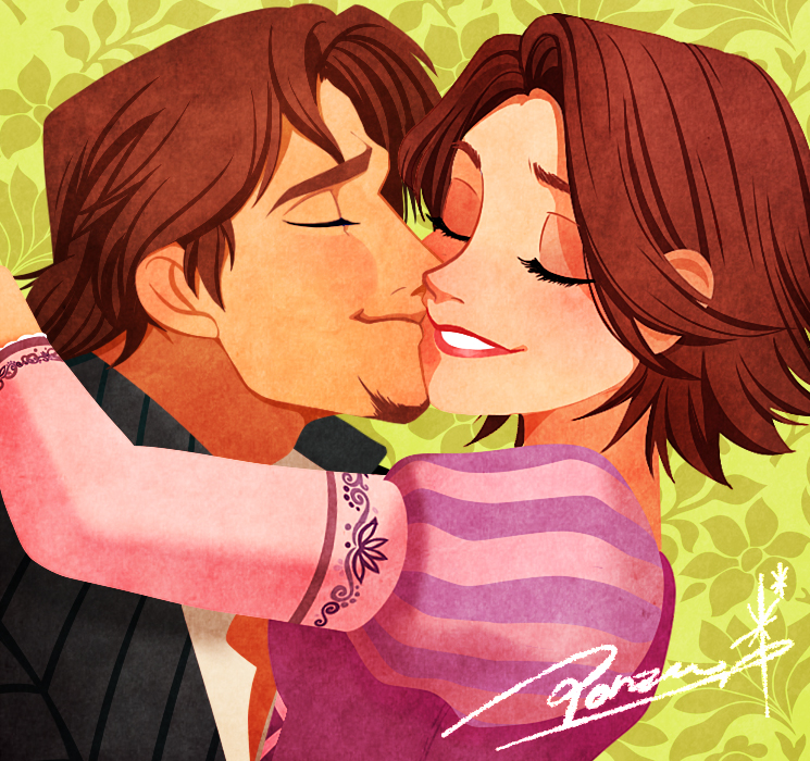 1boy 1girl brown_hair cheek_kiss closed_eyes disney dress facial_hair floral_background flynn_rider goatee hetero jacket kiss lipstick makeup ponsu_(ponzuxponzu) purple_dress rapunzel_(disney) red_lipstick short_hair signature smile tangled