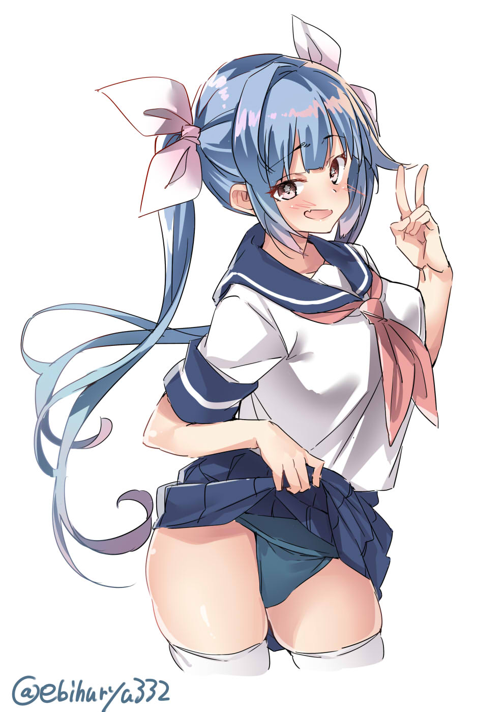 1girl alternate_costume bangs blue_hair blue_skirt blush breasts cleavage collarbone contrapposto cowboy_shot ebifurya eyebrows_visible_through_hair fang hair_between_eyes hair_ribbon highres i-19_(kantai_collection) kantai_collection large_breasts lips long_hair looking_at_viewer one-piece_swimsuit pleated_skirt red_eyes ribbon sailor_collar school_swimsuit school_uniform serafuku short_sleeves simple_background skindentation skirt skirt_lift standing star star-shaped_pupils swimsuit swimsuit_under_clothes symbol-shaped_pupils thighs tri_tails twitter_username white_legwear