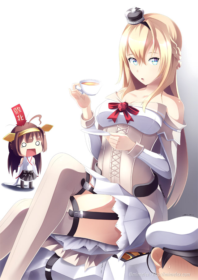 1boy 2girls admiral_(kantai_collection) ahoge all_fours arms_at_sides artist_name black_skirt blank_stare blonde_hair blue_eyes breasts brown_hair corset cup detached_sleeves double_bun dress faceless faceless_male femdom garter_straps hair_between_eyes human_chair human_furniture japanese_clothes kantai_collection kongou_(kantai_collection) legs_crossed lips long_hair looking_at_another looking_at_viewer medium_breasts military military_uniform mimelex miniskirt multiple_girls nontraditional_miko off-shoulder_dress off_shoulder open_mouth pleated_skirt shaded_face sitting sitting_on_person skirt square_mouth teacup tears thigh-highs thighs uniform warspite_(kantai_collection) white_dress white_legwear wide_sleeves