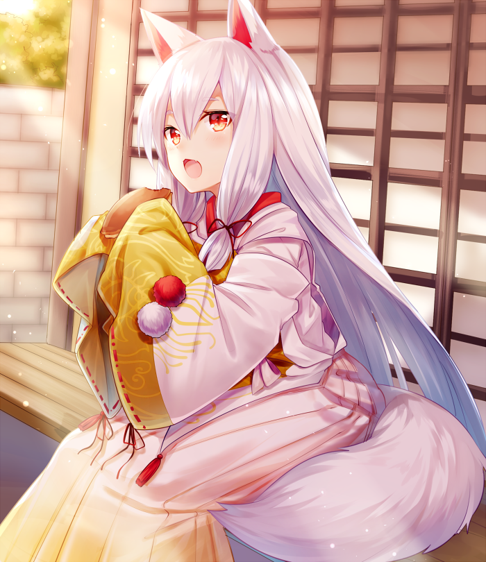 :o androgynous animal_ears bangs black_legwear blush bokujou_monogatari:_3-tsu_no_sato_no_taisetsu_na_tomodachi brick_wall dorayaki eyelashes food fox_ears fox_tail from_side hair_between_eyes hair_ribbon hakama hands_in_sleeves holding holding_food inari-chama japanese_clothes light_particles long_hair looking_at_viewer pom_pom_(clothes) red_eyes red_ribbon ribbon ribbon-trimmed_sleeves ribbon_trim silver_hair sitting sleeves_past_wrists sliding_doors slit_pupils solo sunlight tail tassel tree tress_ribbon veranda very_long_hair wagashi yuya_(night_lily)