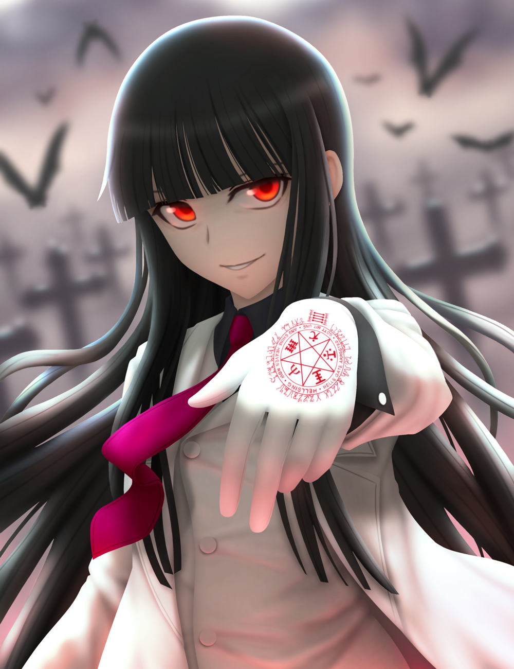 1girl alucard_(hellsing) animal arm_up bird black_hair black_shirt blurry_background buttons collared_shirt copyright_name cross girlycard gloves graveyard head_tilt hellsing highres jacket long_hair long_sleeves looking_at_viewer necktie outstretched_arm parted_lips pink_necktie raven_(animal) red_eyes shirt siraha smile solo star very_long_hair white_gloves white_jacket wing_collar