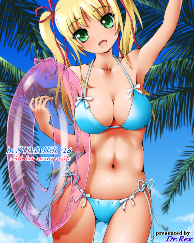 1girl 2016 :d arm_up artist_name bikini blue_bikini blue_sky blush breasts cleavage collarbone day dr_rex eyebrows eyebrows_visible_through_hair frilled_innertube frills green_eyes hair_ribbon head_tilt holding innertube looking_at_viewer navel open_mouth original palm_tree plant red_ribbon ribbon side-tie_bikini sky smile solo stomach summer swimsuit transparent tree waving