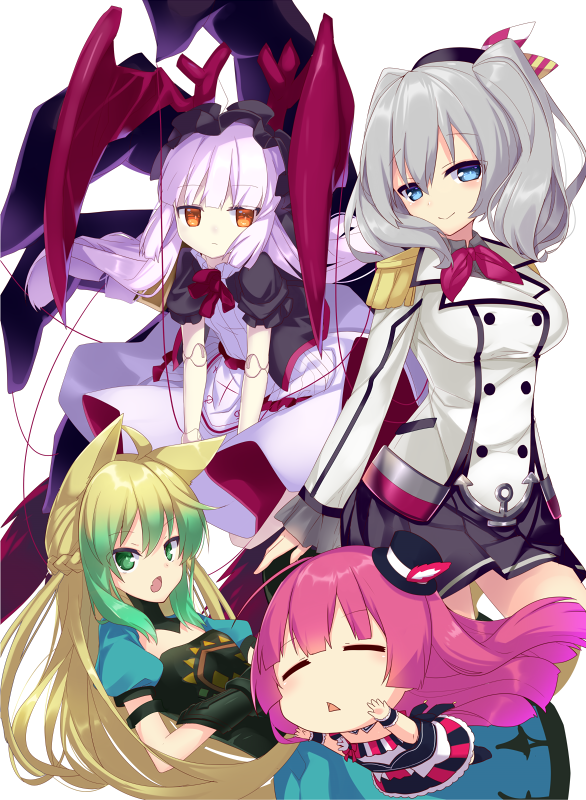 4girls ahoge animal_ears archer_of_red bangs blonde_hair blue_eyes bow braid buttons cat_ears chibi closed_eyes crossover doll_joints dress epaulettes expressionless eyebrows eyebrows_visible_through_hair fate/apocrypha fate/grand_order fate_(series) french_braid frilled_sleeves frills gauntlets gradient_hair green_dress green_eyes green_hair hair_between_eyes harriet hat headdress hime_cut houjou_sophie kantai_collection kashima_(kantai_collection) kerchief long_hair looking_at_viewer merc_storia military military_uniform mini_hat mini_top_hat miniskirt multicolored_hair multiple_girls nyori open_mouth outstretched_arms pink_hair pleated_skirt pripara puffy_short_sleeves puffy_sleeves short_sleeves silver_hair simple_background skirt sleeveless smile striped striped_dress top_hat triangle_mouth tsurime twintails two-tone_hair uniform wavy_hair white_background white_hair wristband yellow_eyes
