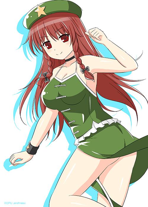 &gt;:) 1girl adapted_costume aqua_eyes armpits bare_shoulders beret black_bow blush bow braid breasts camisole choker cleavage clenched_hand collarbone cpu_(hexivision) drop_shadow green_skirt hair_bow halterneck hat hong_meiling large_breasts looking_at_viewer pelvic_curtain red_eyes redhead sideboob skirt sleeveless smile solo star touhou twin_braids wristband