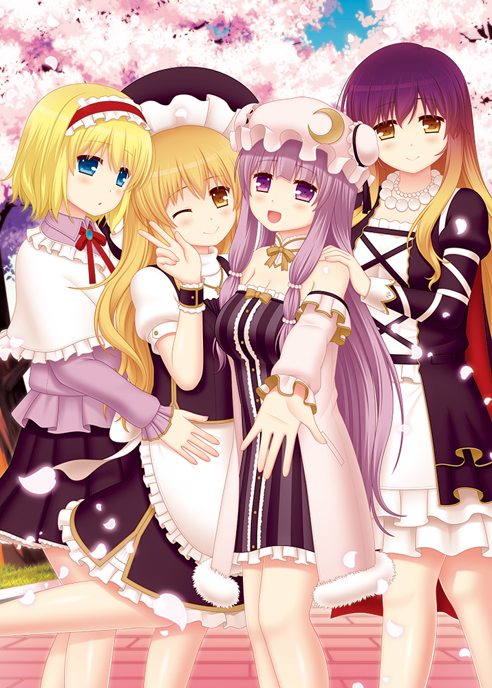 4girls :d :o ;) adapted_costume alice_margatroid apron arm_garter bare_shoulders bead_necklace black_dress black_skirt blonde_hair blue_eyes blush breasts brooch capelet cherry_blossoms cleavage collared_shirt cpu_(hexivision) crescent detached_collar dress foreshortening frilled_sleeves frills fur_trim gradient_hair hairband hat hijiri_byakuren jewelry juliet_sleeves kirisame_marisa lolita_hairband long_hair long_sleeves looking_at_viewer mob_cap multicolored_hair multiple_girls neck_ribbon necklace off-shoulder_dress off_shoulder one_eye_closed open_mouth orange_hair patchouli_knowledge pearl_necklace petals puffy_short_sleeves puffy_sleeves purple_hair purple_shirt reaching_out red_ribbon ribbon shirt short_hair short_sleeves sidelocks skirt smile strapless strapless_dress striped touhou vertical-striped_dress vertical_stripes very_long_hair violet_eyes waist_apron white_dress witch_hat wrist_cuffs yellow_eyes