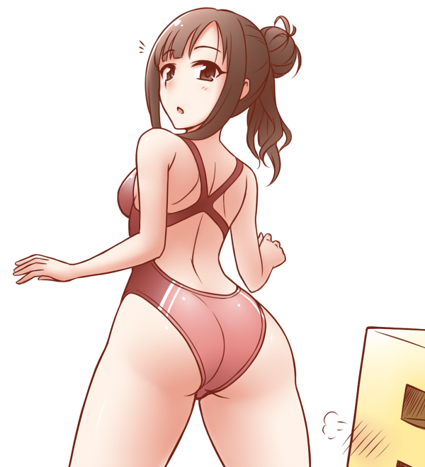 1girl ass brown_eyes brown_hair competition_swimsuit from_behind hair_bun idolmaster idolmaster_cinderella_girls long_hair mizumoto_yukari one-piece_swimsuit p-head_producer pataniito ponytail producer_(idolmaster) standing swimsuit