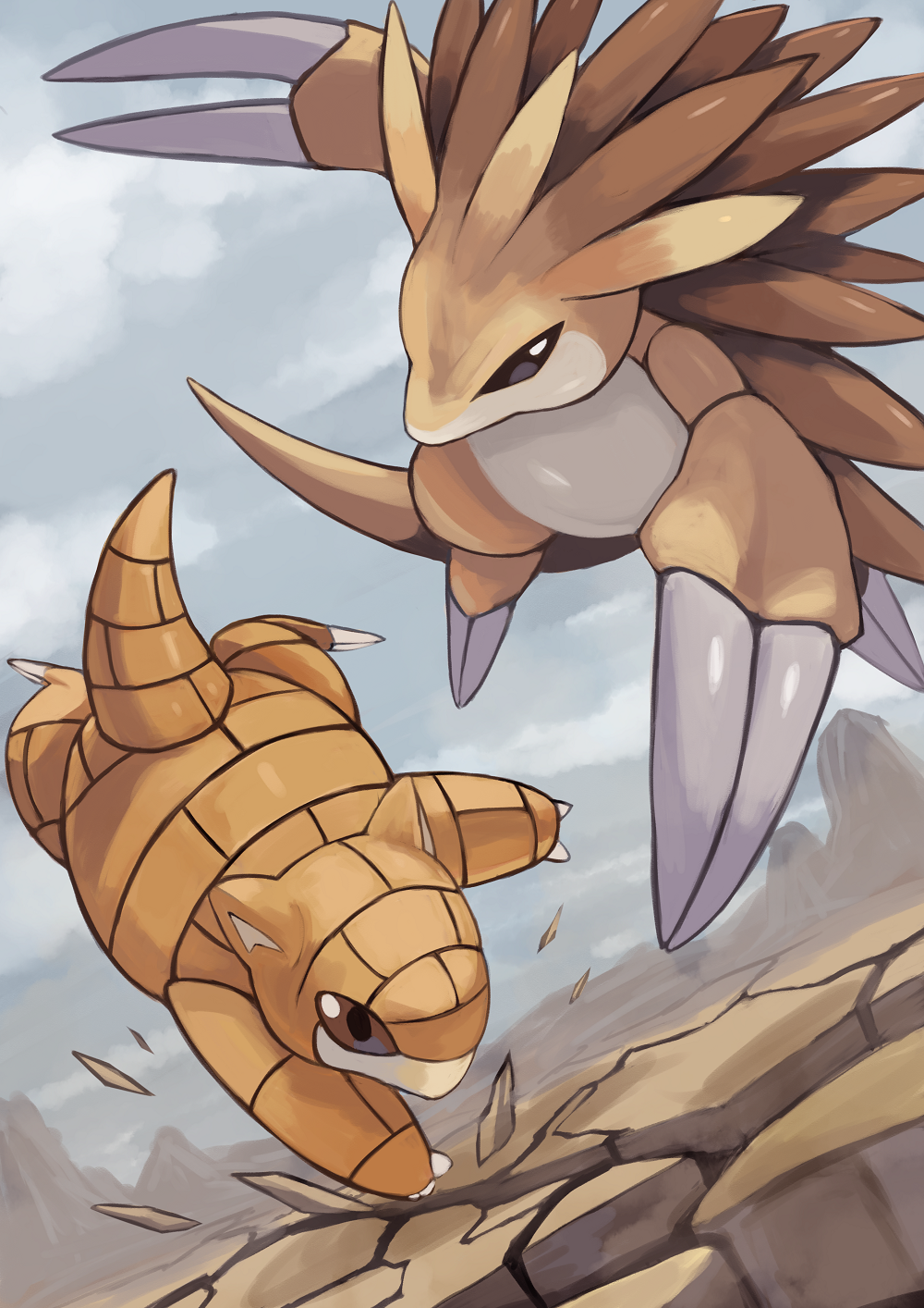 black_eyes broken_ground brown_eyes claws highres no_humans pokemon pokemon_(creature) sandshrew sandslash sky spikes tail tesshii_(riza4828)