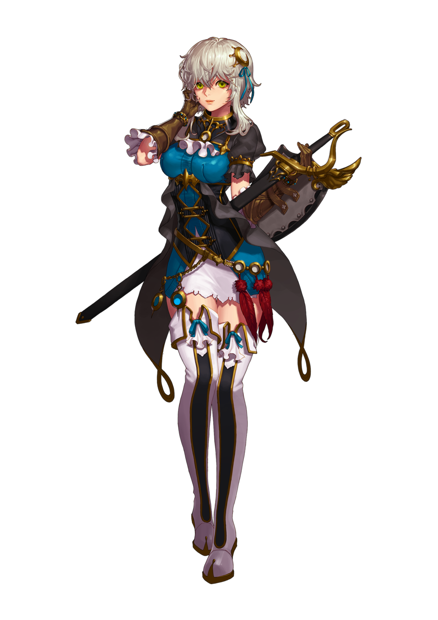 1girl annis_bainstai blue_dress boots brown_gloves corset dress dungeon_and_fighter full_body gloves green_eyes hand_on_own_cheek highres knight_(dungeon_and_fighter) looking_at_viewer mulin official_art sheath sheathed shield short_dress short_hair short_hair_with_long_locks solo standing sword thigh-highs thigh_boots transparent_background weapon white_background white_hair zettai_ryouiki