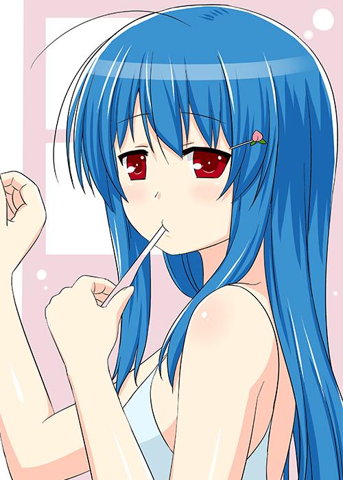1girl alternate_costume bare_shoulders blue_hair blush brushing_teeth camisole cpu_(hexivision) food from_side fruit hair_ornament hairclip hinanawi_tenshi long_hair looking_at_viewer no_hat no_headwear peach red_eyes sidelocks solo touhou upper_body