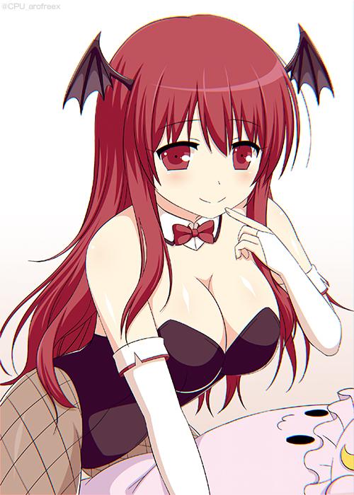1girl bare_shoulders blush bow bowtie breasts bridal_gauntlets bunnysuit cleavage cpu_(hexivision) demon_girl demon_wings detached_collar elbow_gloves finger_to_mouth fishnet_pantyhose fishnets gloves head_wings koakuma large_breasts leotard long_hair looking_at_viewer objectification pantyhose patchouli_knowledge playboy_bunny_leotard red_bow red_bowtie red_eyes redhead sidelocks smile solo touhou white_gloves wings