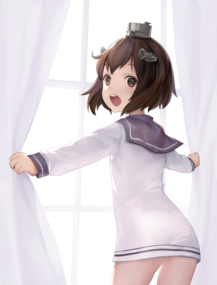 1girl backlighting bangs black_eyes brown_hair cowboy_shot curtains dress eyebrows from_behind indoors kantai_collection keemu_(occhoko-cho) long_sleeves looking_at_viewer looking_back open_mouth outstretched_arms sailor_dress short_hair solo standing window yukikaze_(kantai_collection)