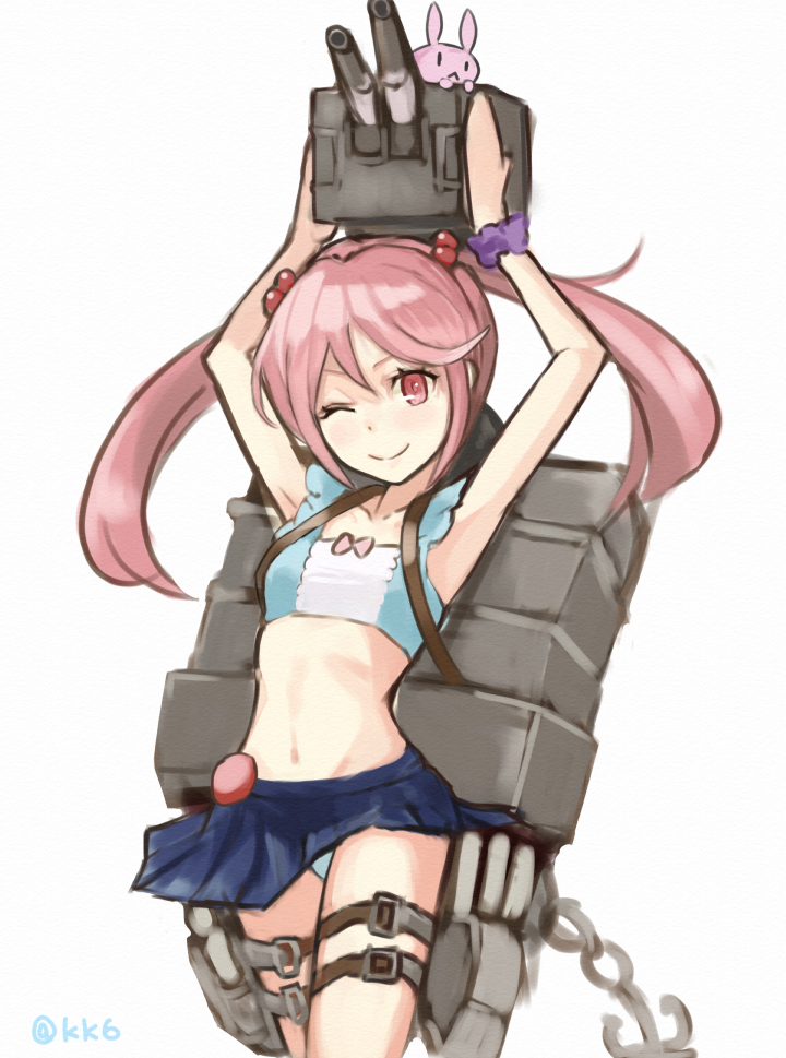 1girl :&lt; ;) anchor arms_up ashiya_hiro badge bikini chains collarbone hair_bobbles hair_ornament kantai_collection machinery navel one_eye_closed pink_eyes pink_hair pink_ribbon pleated_skirt rabbit ribbon sazanami_(kantai_collection) scrunchie short_hair simple_background skirt smile solo swimsuit torpedo turret twintails white_background wrist_scrunchie |_|