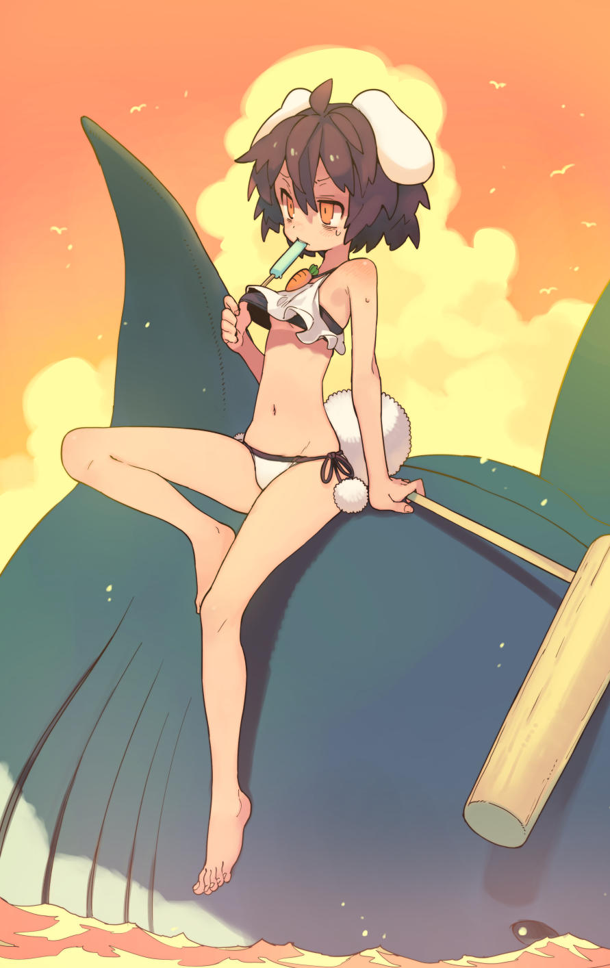 1girl ahoge alternate_costume animal animal_ears arm_at_side bags_under_eyes bare_legs bare_shoulders bikini bikini_pull bird black_eyes breasts brown_hair bunny_tail carrot_necklace evening fish hair_between_eyes hammer highres holding inaba_tewi mallet morino_hon orange_eyes orange_sky pom_pom_(clothes) pulled_by_self rabbit_ears shaded_face shark short_hair sitting skinny sky small_breasts solo sweatdrop swimsuit tail touhou under_boob water white_bikini