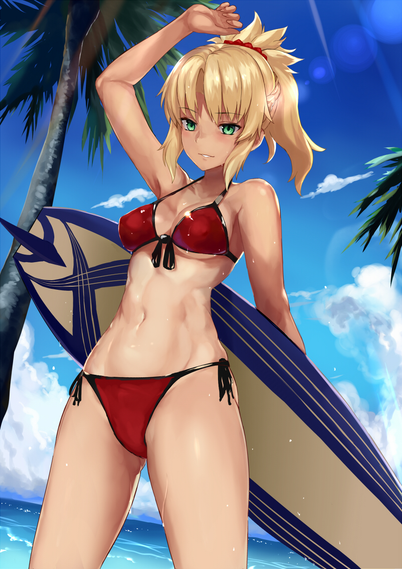 1girl bikini blonde_hair breasts fate/apocrypha fate/grand_order fate_(series) green_eyes jilllxlxl midriff mordred_(swimsuit_rider)_(fate) navel palm_tree ponytail red_bikini saber_of_red smile solo surfboard swimsuit tan tree
