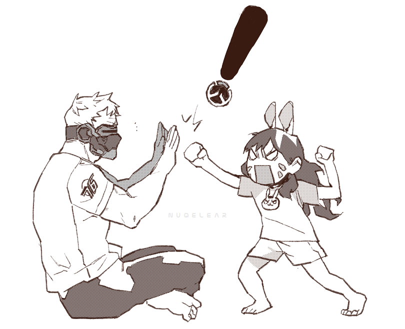 ! &gt;:3 1boy 1girl :3 animal_ears artist_name chibi child covering_mouth d.va_(gremlin) d.va_(overwatch) facial_mark full_body long_hair monochrome nuqelear overwatch punching rabbit rabbit_ears simple_background sitting soldier:_76_(overwatch) white_background yotsubato!