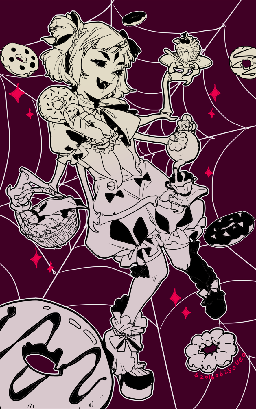 1girl basket bow cake doughnut extra_arms extra_eyes female full_body insect_girl monochrome muffet solo spider_girl tea thigh-highs undertale
