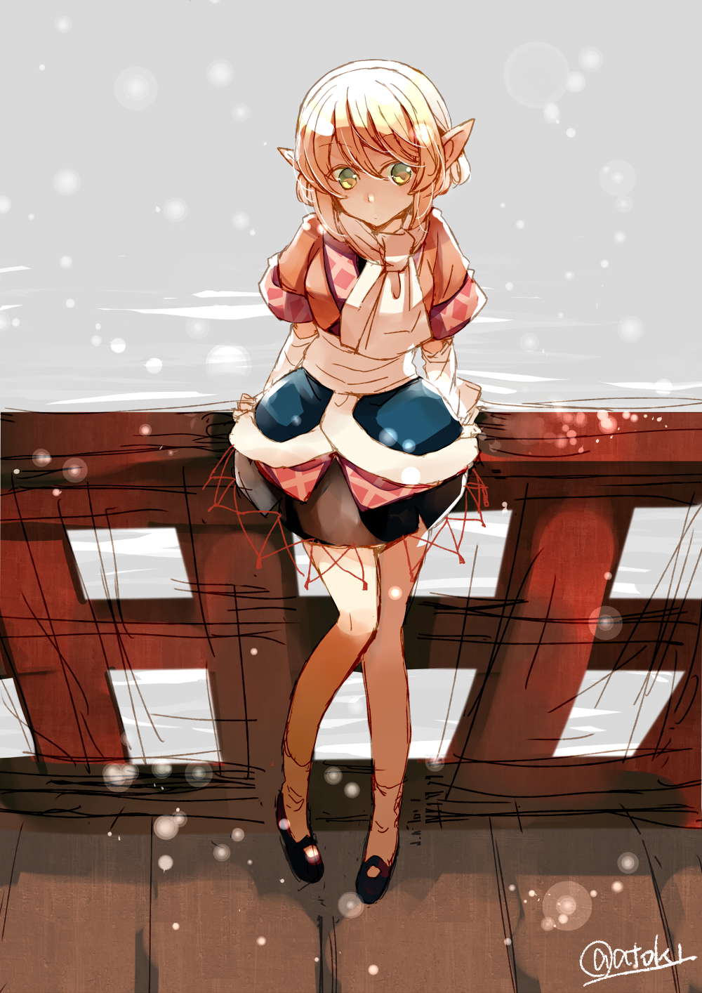 1girl arm_warmers atoki bare_legs black_shoes black_skirt blonde_hair bridge brown_jacket expressionless full_body green_eyes highres knees_together_feet_apart layered_clothing light_particles long_legs looking_to_the_side miniskirt mizuhashi_parsee pointy_ears ribbon-trimmed_skirt scarf shoes short_hair short_sleeves sketch skirt solo touhou twitter_username water white_legwear white_scarf